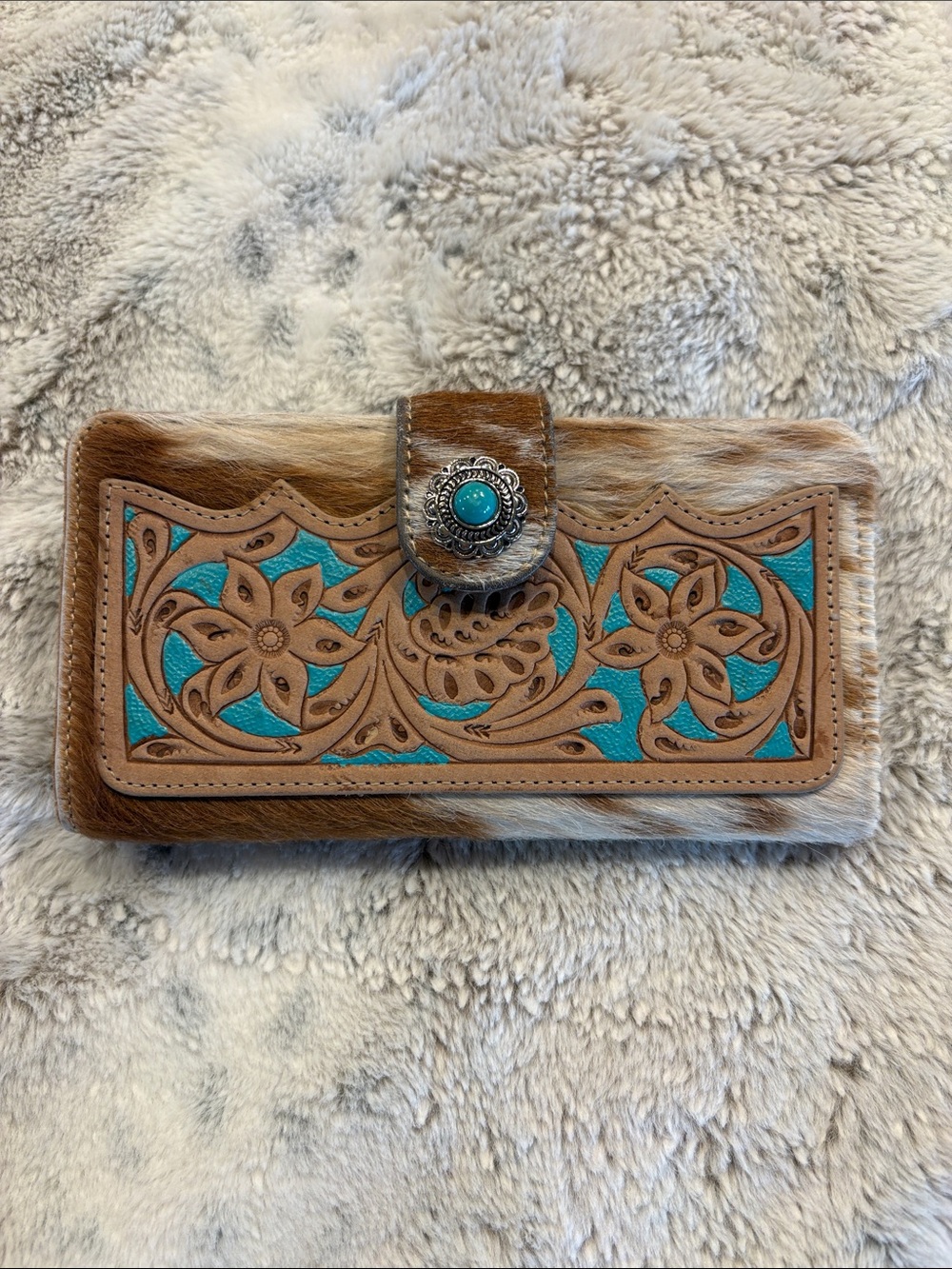 Turquoise Tooled Leather Floral Wallet Clutch